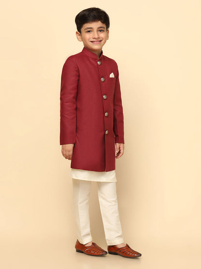 Boy's Maroon Indowestern Set With Kurta and Churidar