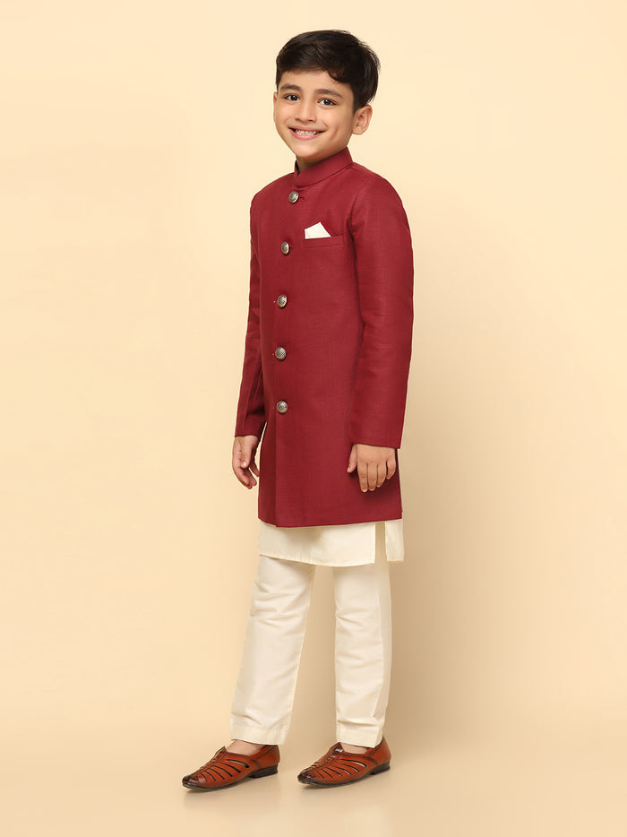 Boy's Maroon Indowestern Set With Kurta and Churidar