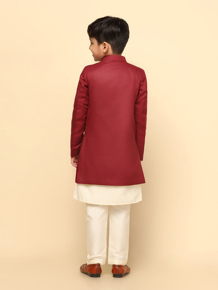 Boy's Maroon Indowestern Set With Kurta and Churidar