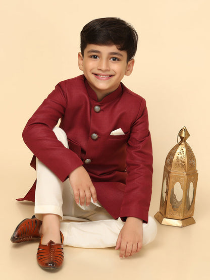 Boy's Maroon Indowestern Set With Kurta and Churidar