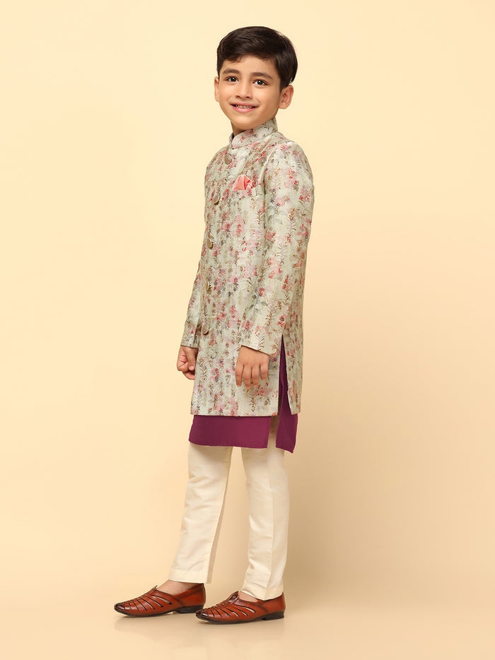 Boy's Multi Coloured Printed Kurta Indowestern Churidar Set