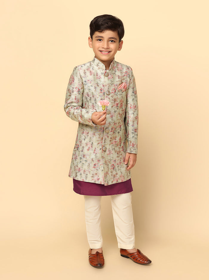 Boy's Multi Coloured Printed Kurta Indowestern Churidar Set