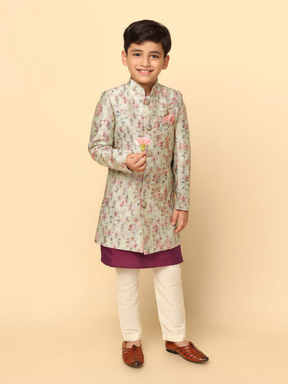 Boy's Multi Coloured Printed Kurta Indowestern Churidar Set