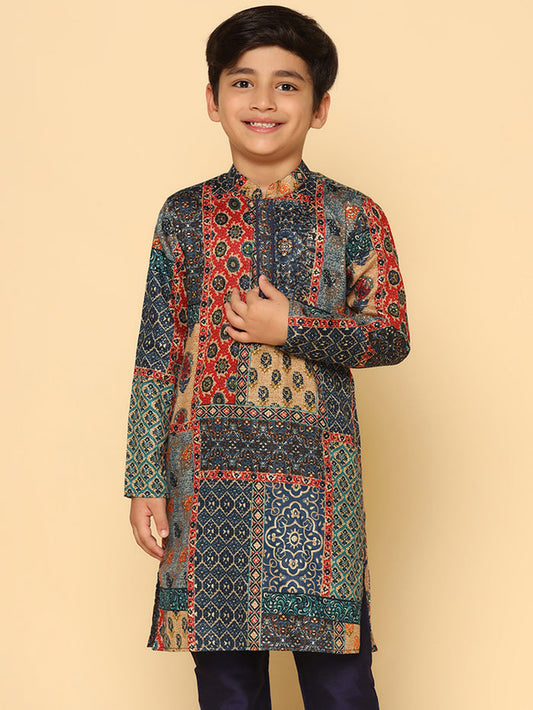 Boy's Navy Blue Printed Kurta