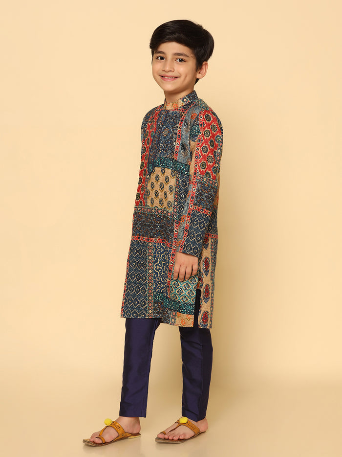 Boy's Navy Blue Printed Kurta