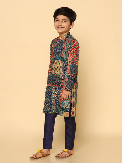 Boy's Navy Blue Printed Kurta
