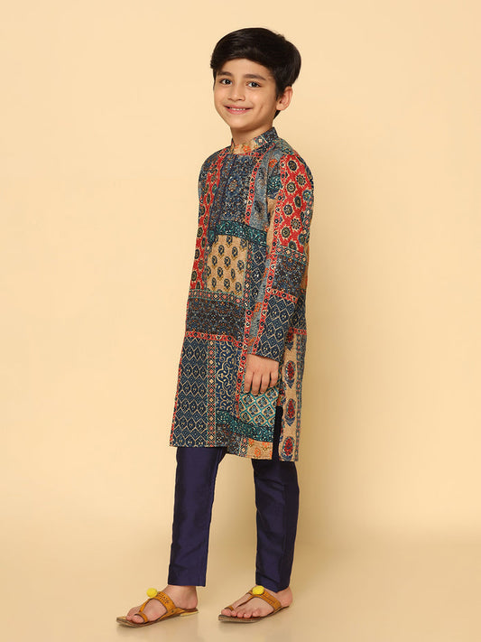 Boy's Navy Blue Printed Kurta