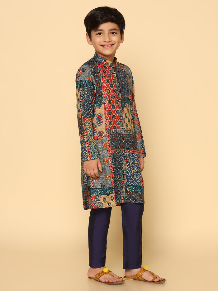 Boy's Navy Blue Printed Kurta