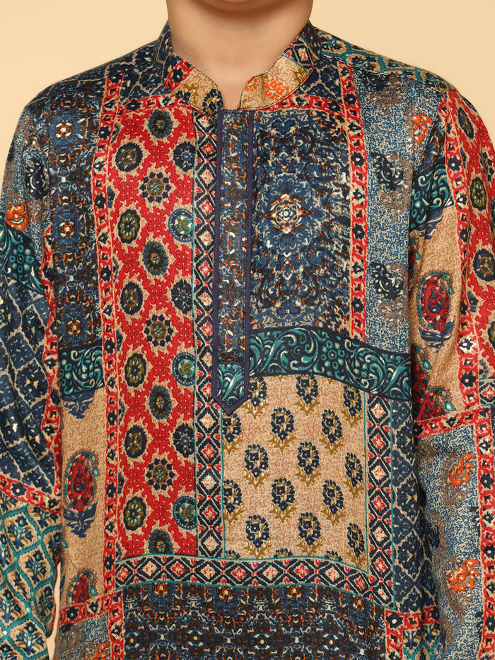 Boy's Navy Blue Printed Kurta