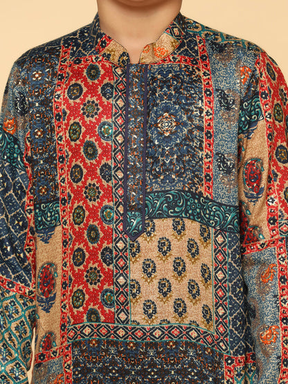 Boy's Navy Blue Printed Kurta