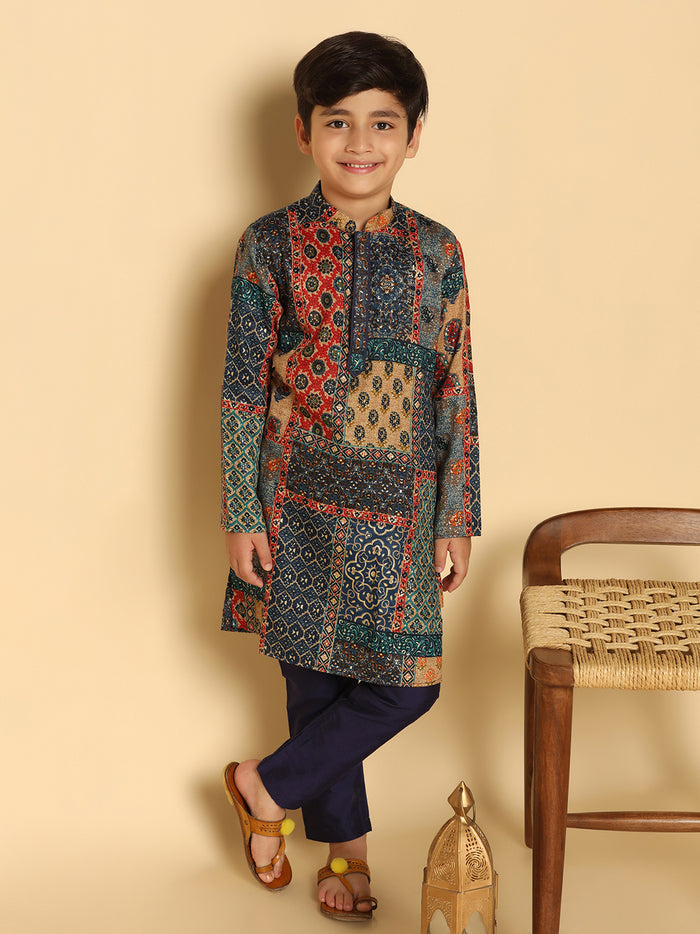Boy's Navy Blue Printed Kurta