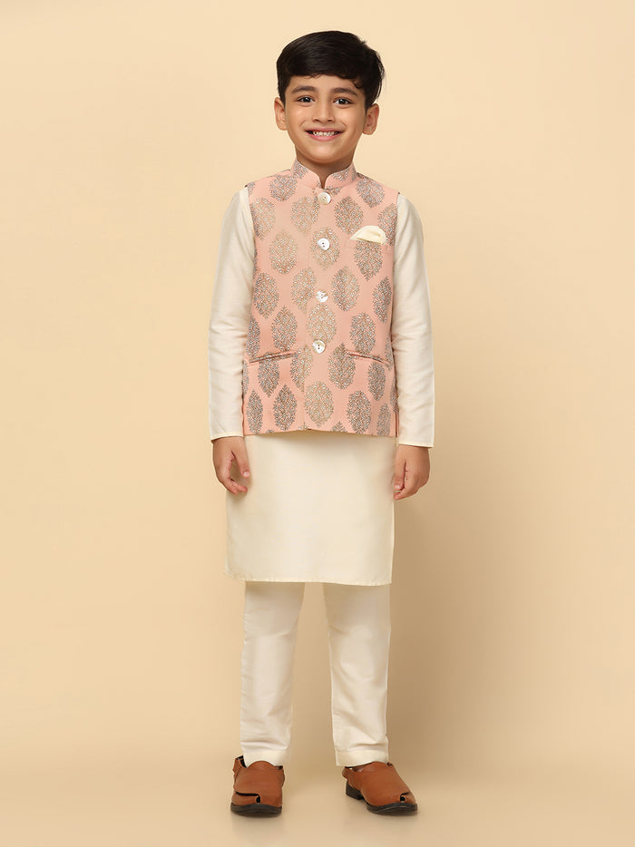 Boys Peach Kurta Jacket Pyjama Sets