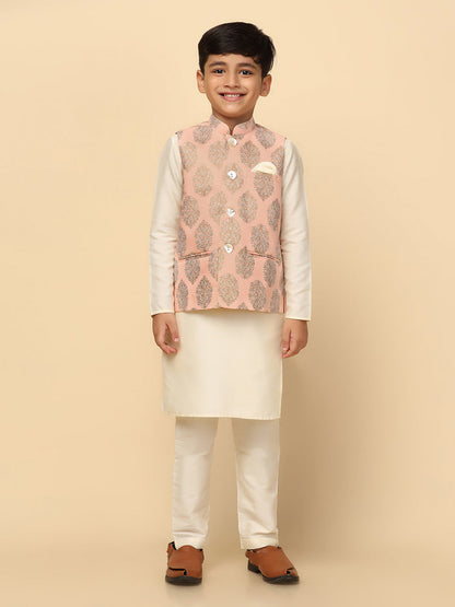Boys Peach Kurta Jacket Pyjama Sets