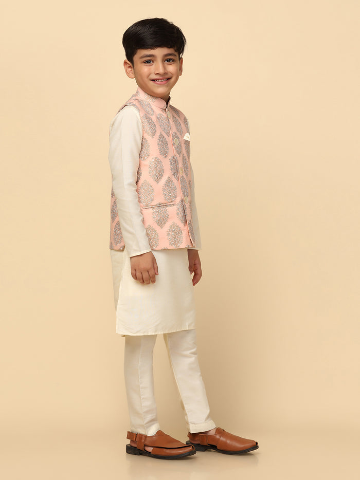 Boys Peach Kurta Jacket Pyjama Sets