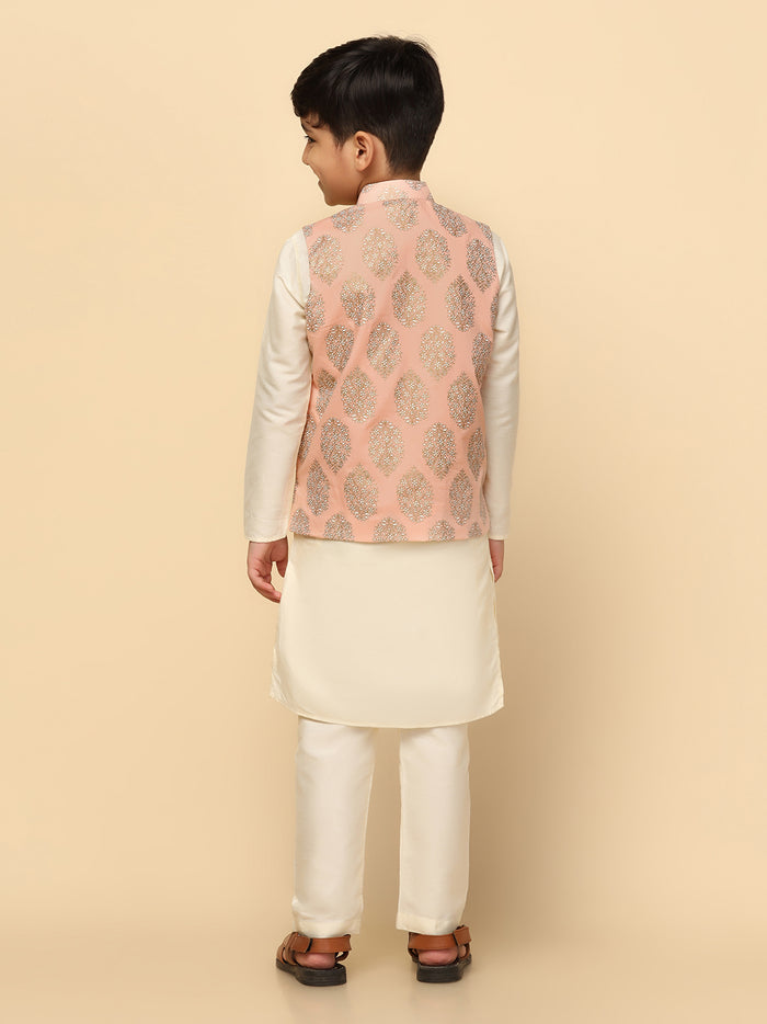 Boys Peach Kurta Jacket Pyjama Sets