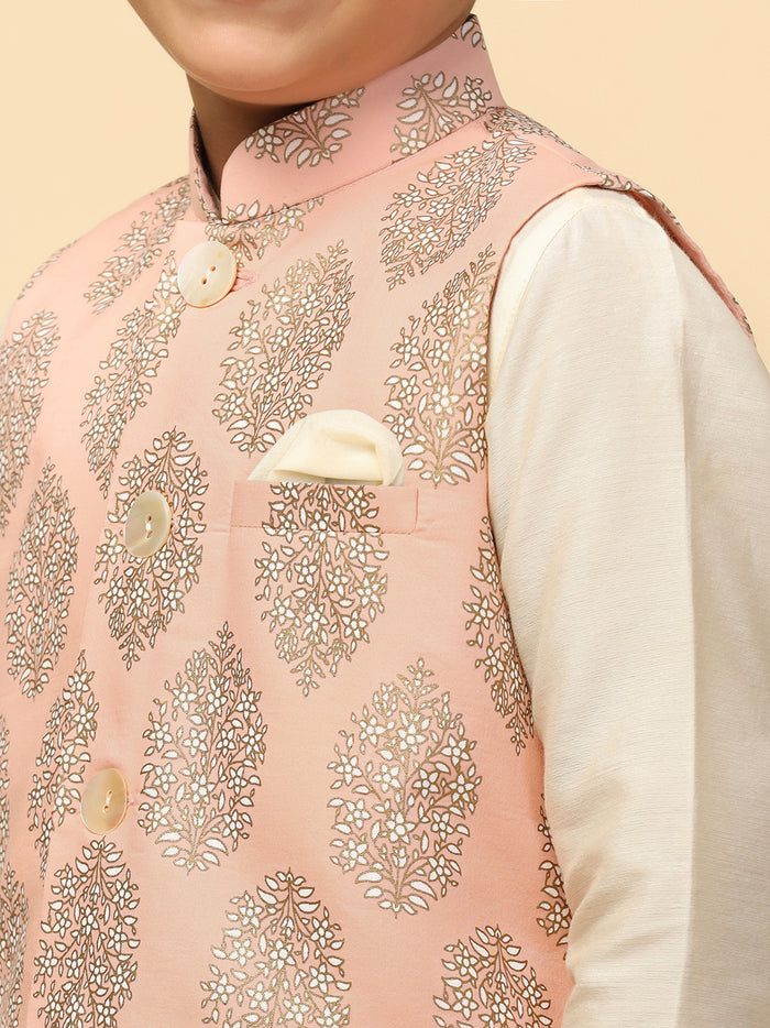 Boys Peach Kurta Jacket Pyjama Sets