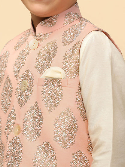 Boys Peach Kurta Jacket Pyjama Sets