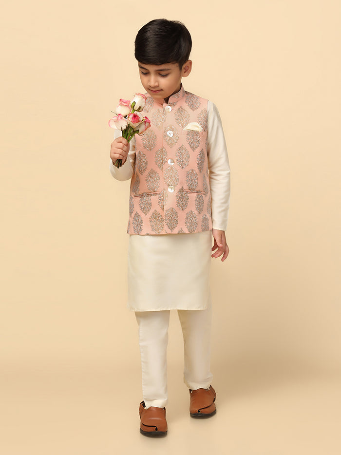 Boys Peach Kurta Jacket Pyjama Sets