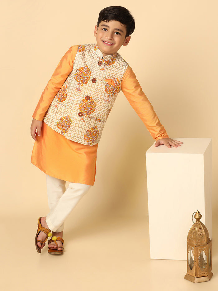 Boys Yellow Kurta Jacket Pyjama Sets