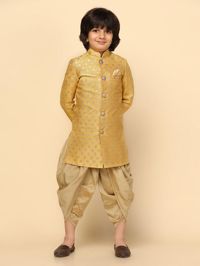 Boy's Yellow Textured Indowestern Dhoti Set