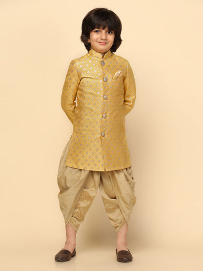 Boy's Yellow Textured Indowestern Dhoti Set
