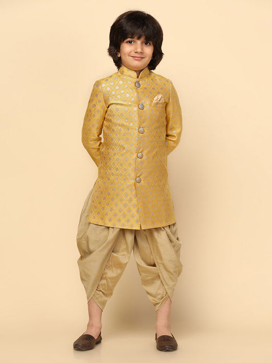 Boy's Yellow Textured Indowestern Dhoti Set