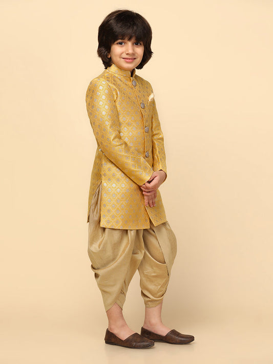 Boy's Yellow Textured Indowestern Dhoti Set