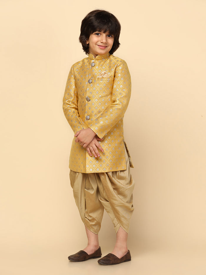 Boy's Yellow Textured Indowestern Dhoti Set