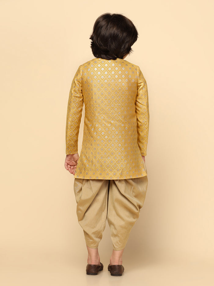 Boy's Yellow Textured Indowestern Dhoti Set