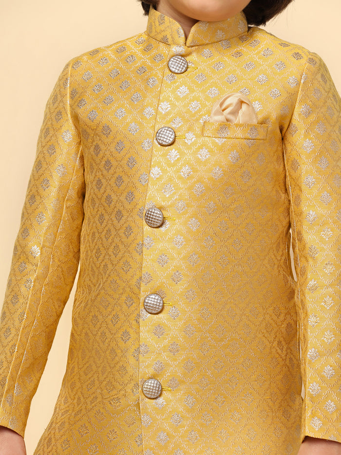 Boy's Yellow Textured Indowestern Dhoti Set