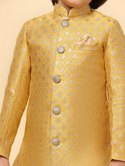 Boy's Yellow Textured Indowestern Dhoti Set