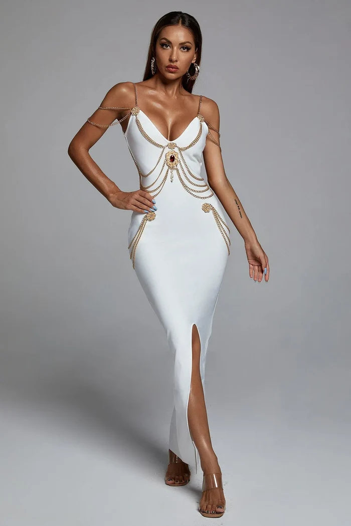 Brandy White Regal Chain-Embellished Maxi Dress