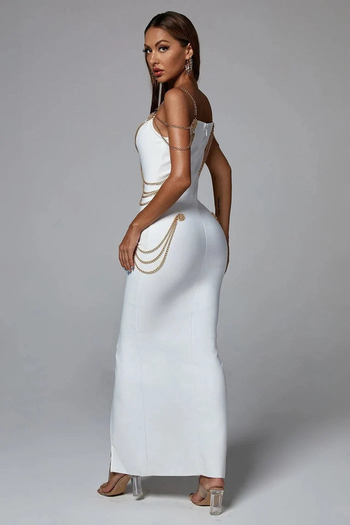 Brandy White Regal Chain-Embellished Maxi Dress