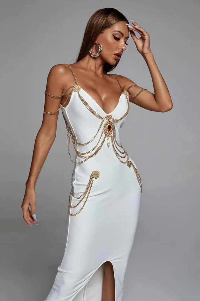 Brandy White Regal Chain-Embellished Maxi Dress