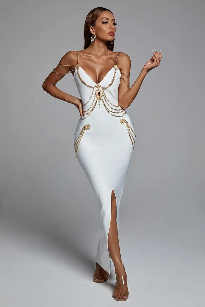 Brandy White Regal Chain-Embellished Maxi Dress