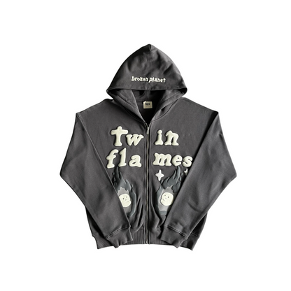 Broken Planet Twin Flames Zip Hoodie Grey