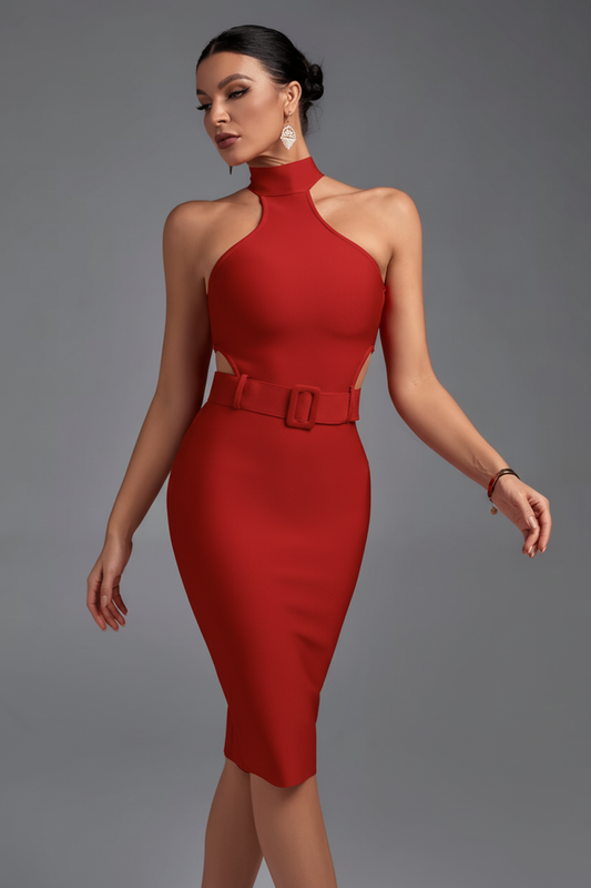 Brooklyn Belted Halter Cut-Out Midi Dress