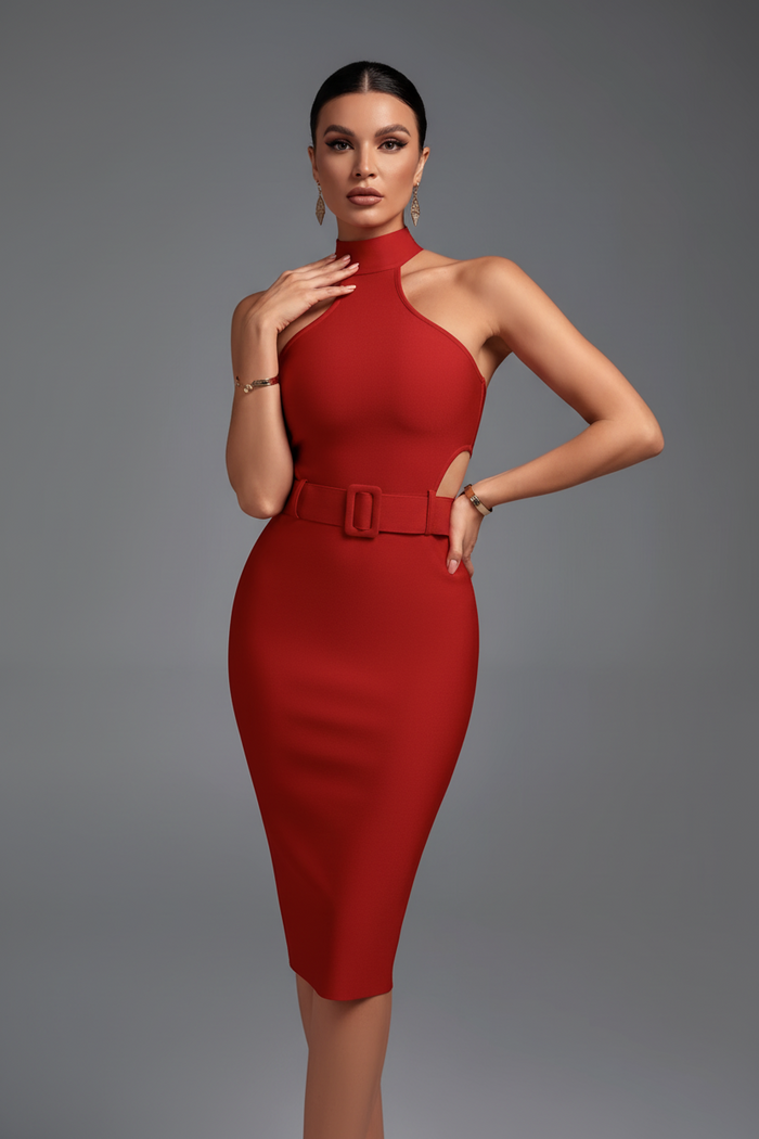 Brooklyn Belted Halter Cut-Out Midi Dress
