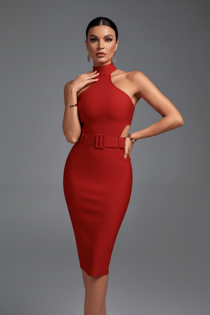 Brooklyn Belted Halter Cut-Out Midi Dress