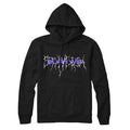 Stay Sick Clothing black hoodie with a front pocket, Burn Me Black in purple across the chest, surrounded by white lightning-like crack designs.