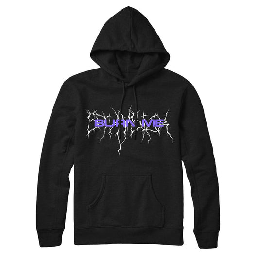 Stay Sick Clothing black hoodie with a front pocket, Burn Me Black in purple across the chest, surrounded by white lightning-like crack designs.