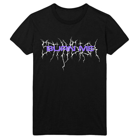 A Stay Sick Clothing Burn Me Black t-shirt featuring bold purple BURN ME text with white lightning-like lines radiating across the chest.