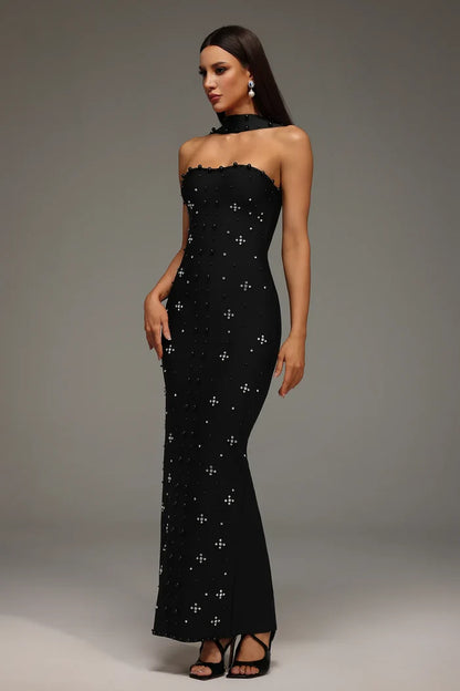 Capri Crystal Choker Strapless Maxi Dress