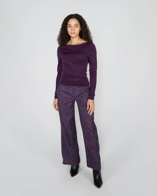 CARLY MERINO LONG SLEEVE CREWNECK SHIRT - PLUM