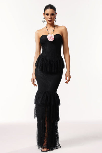 Carmenia Rose Halter Lace Maxi Dress
