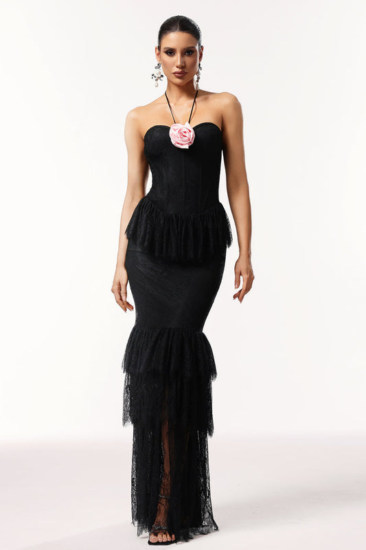 Carmenia Rose Halter Lace Maxi Dress