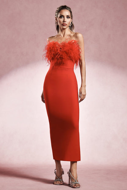 Cecily Feather-Trim Strapless Midi Dress