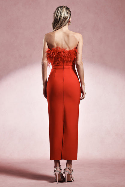 Cecily Feather-Trim Strapless Midi Dress
