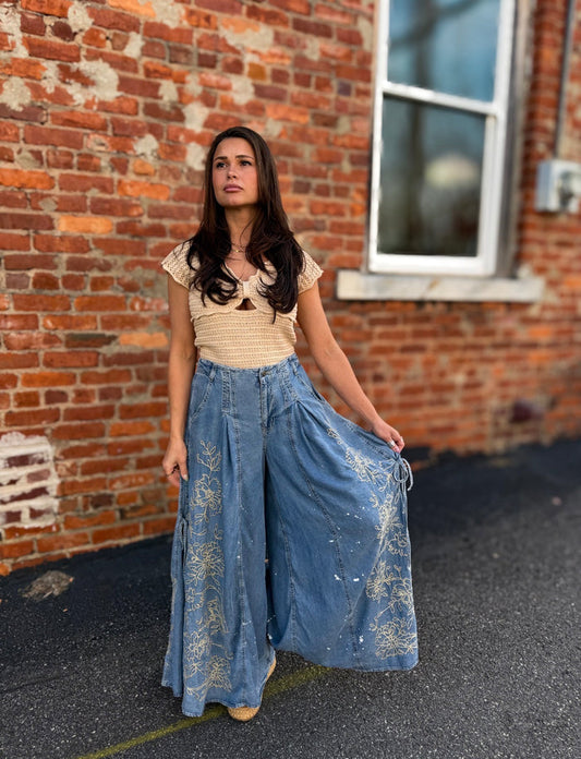Chambray Emb Pants