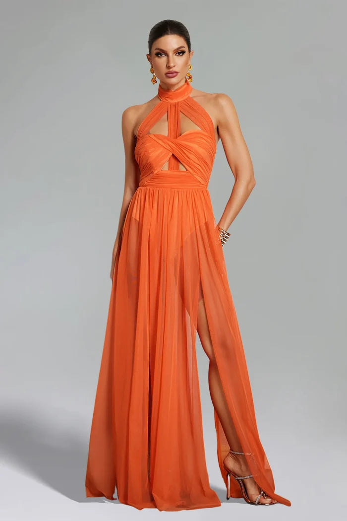 Christina Halter Cutout Chiffon Gown